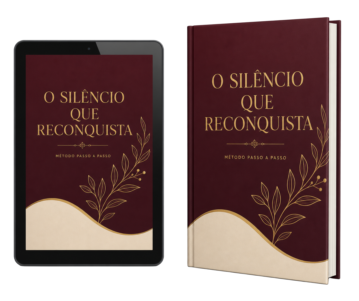Mockup do guia digital O Silêncio que Reconquista em livro e tablet