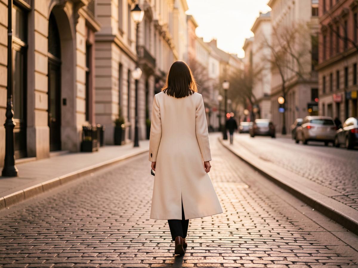 Mulher caminhando sozinha por uma rua elegante ao entardecer